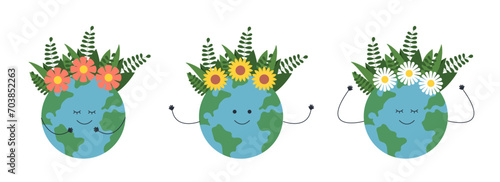 Earth day planets set. Globe with hands and facial expressions. Care about ecology and environment. Stickers for social networks. Cartoon flat vector collection isolated on white background
