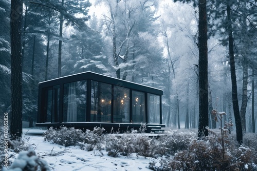 A modern cabin in a wintery forest