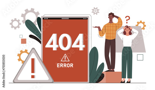Error alert internet concept. Man and woman with error 404 at mobile phone. Webpage not found. Wrong address and broken link. Cartoon flat vector illustration isolated on white background