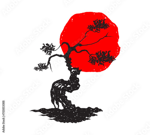 bonsai tree with red sun