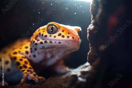 speckled sunlight touching a leopard gecko inside a cave