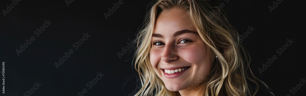 Banner with smiling young blond woman on black background Banner with smiling young blond woman on black background
