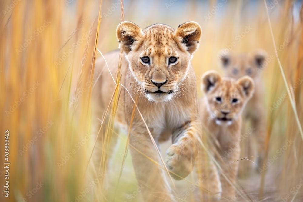 lioness leading cubs through tall grass lioness leading cubs through tall grass