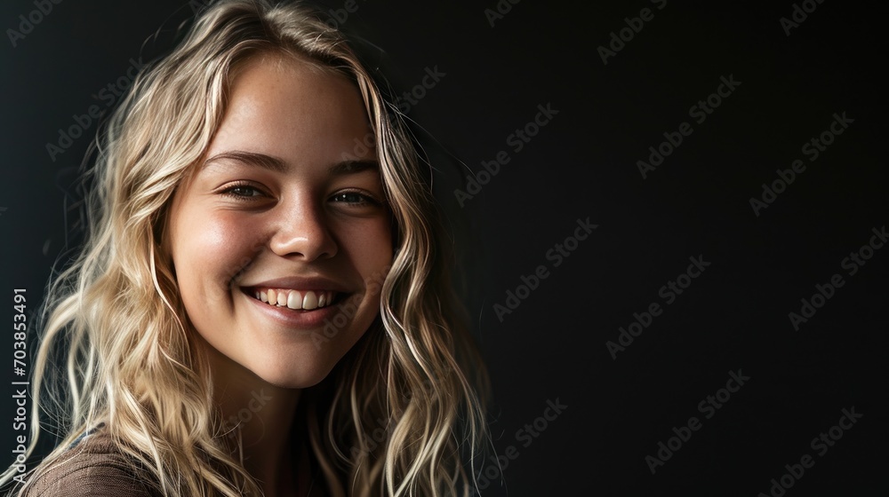 Banner with smiling young blond woman on black background Banner with smiling young blond woman on black background