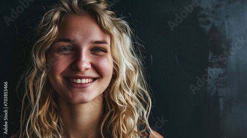Banner with smiling young blond woman on black background © BrandwayArt