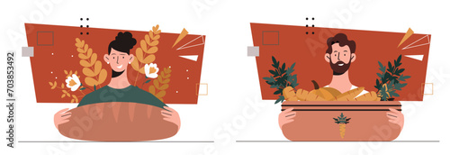 Farmers with harvest set. Man and woman with bread and vegetables. Farming and agriculture. Guy with pumpkins and carrot. Cartoon flat vector collection isolated on white background