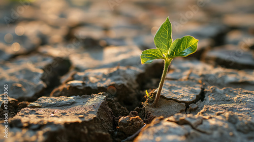 Seedling in cracked dry earth.