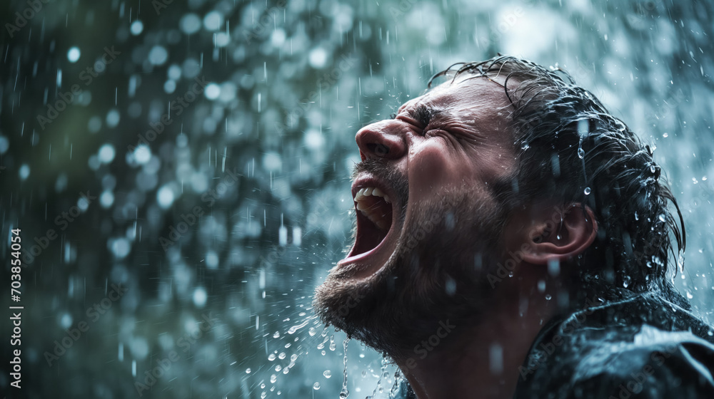 Man shouting in pouring rain.