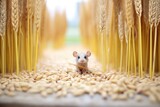 mouse in granary surrounded by wheat seeds