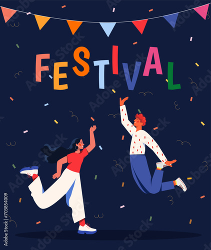 People celebrate festival. Man and woman with colorful confetti and sparkles. Night party and disco, event. Young couple having fun together and dancing. Cartoon flat vector illustration