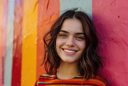 Youthful brunette lady smiling against a colorful background