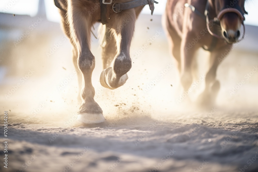 Fototapeta premium mules trotting action close-up, dust particles frozen in motion