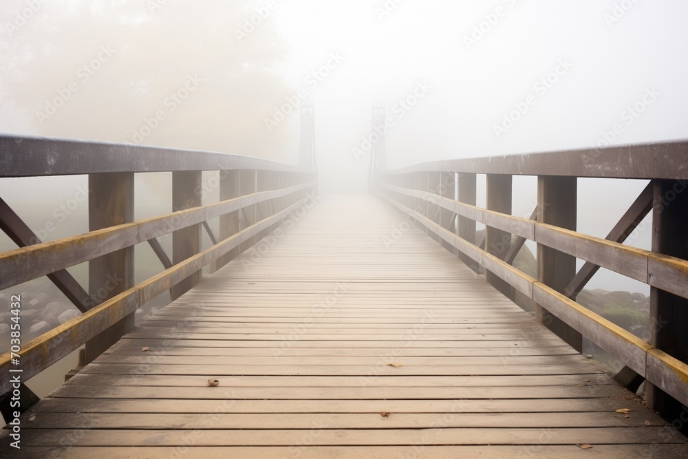 wooden footbridge vanishing in heavy fog