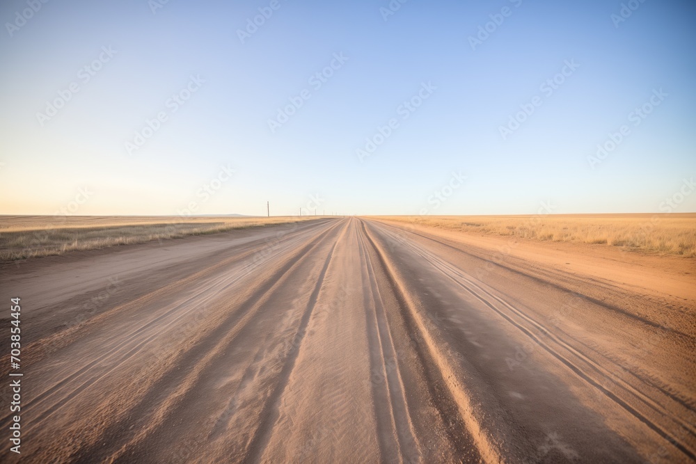 perfectly spaced, parallel tire tracks on a remote dirt road