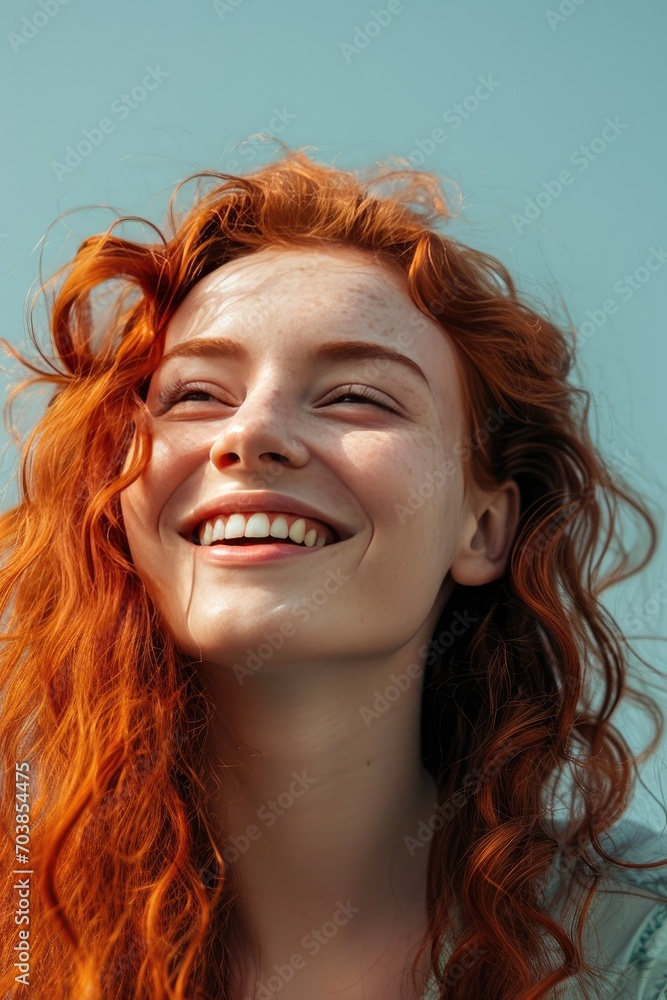 Banner with smiling young redhead woman on light background Banner with smiling young redhead woman on light background