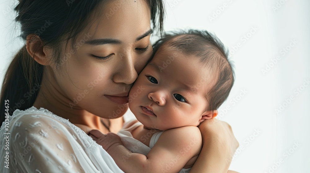 Beautiful young asian mother holding her newborn baby child and hugs and kisses him. Beautiful young asian mother holding her newborn baby child and hugs and kisses him.