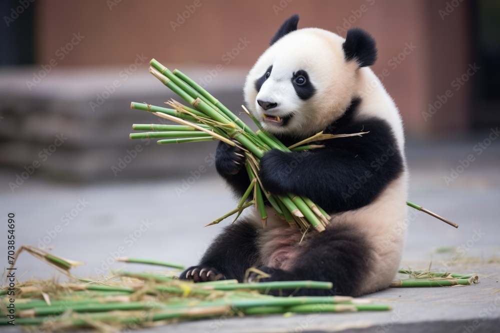Fototapeta premium zoo panda with pile of bamboo shoots