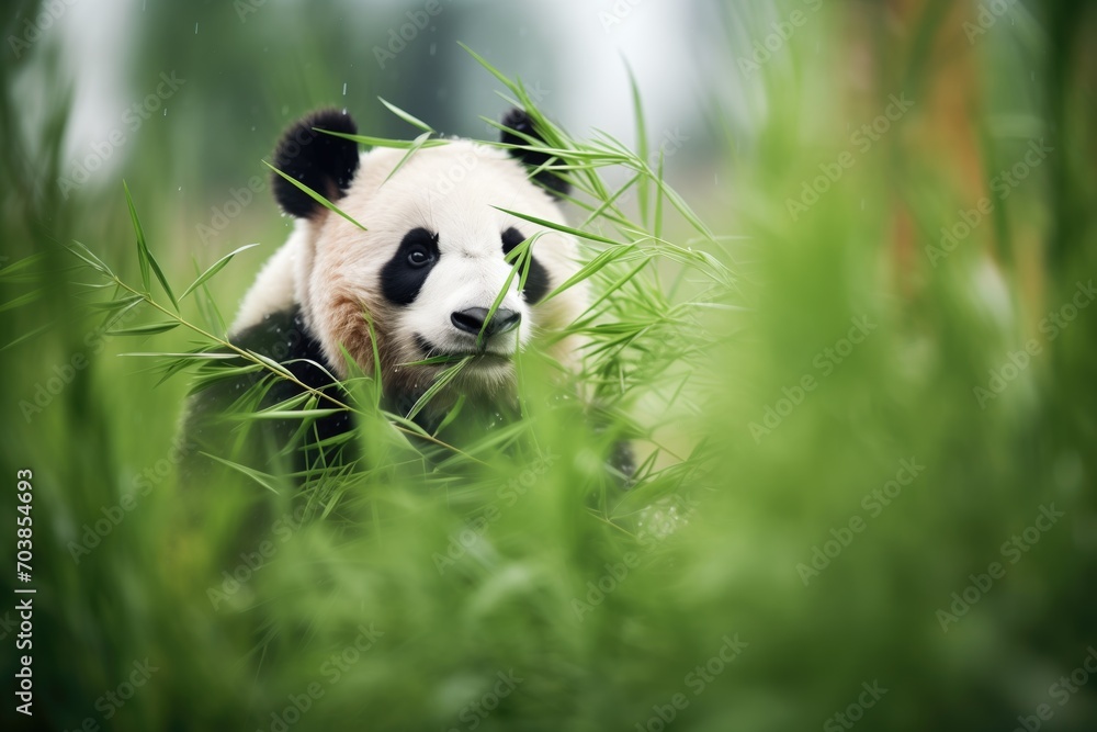 Fototapeta premium black and white panda against green bamboo