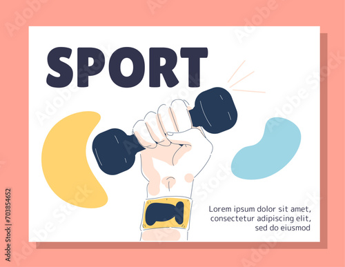 Fitness doodle banner concept. Hand with dumbbell. Active lifestyle and sport. Graphic element for website. Training and workout. Linear flat vector illustration isolated on beige background