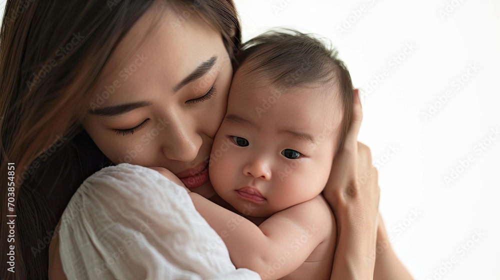 Beautiful young asian mother holding her newborn baby child and hugs and kisses him. Beautiful young asian mother holding her newborn baby child and hugs and kisses him.
