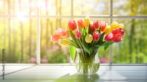 Colorful tulips in sunlight, transparent vase on a bright windowsill