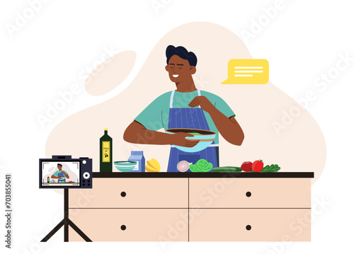 Food blogger at kitchen. Man in apron with vegetables. Recipe and master class, oline vlog. Vlogger create useful and interesting content for social networks. Cartoon flat vector illustration