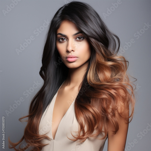 Portrait of a beautiful young woman, model with long wavy hair demonstrating coloring. Grey background. 