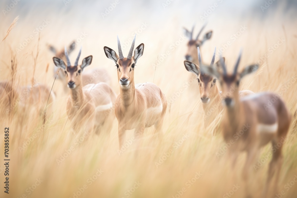roan antelope herd moving through misty grassland - obrazy, fototapety, plakaty 