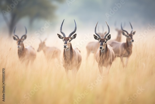 roan antelope herd moving through misty grassland