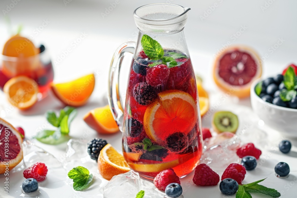 A refreshing image of sangria with mixed berries, sliced citrus fruits, and sparkling water in a carafe, presented on a clean white background, a vibrant summer cocktail A refreshing image of sangria with mixed berries, sliced citrus fruits, and sparkling water in a carafe, presented on a clean white background, a vibrant summer cocktail