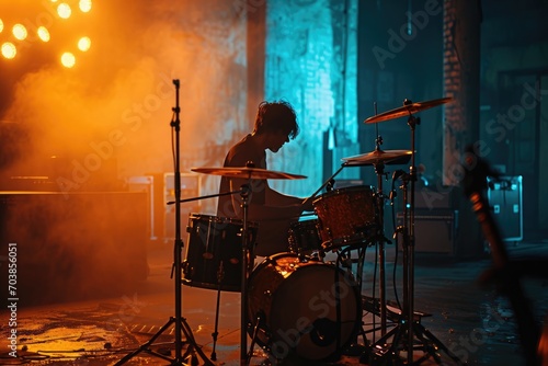 Rhythmic Prodigy: The Drummer Takes Center Stage, Masterfully Commanding the Beat with Precision and Passion in a Captivating Percussive Performance.