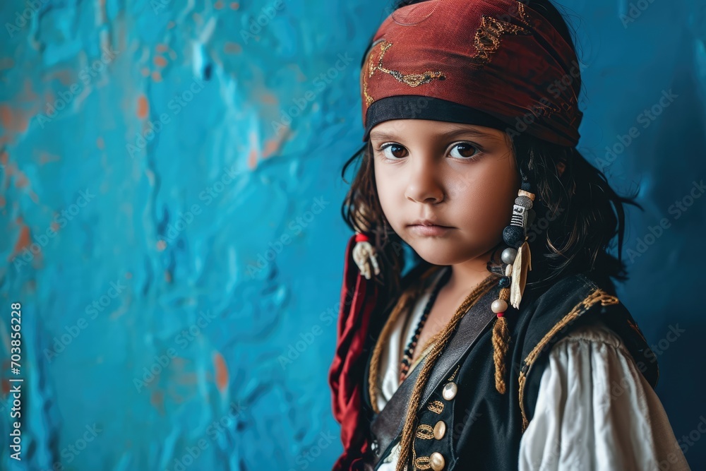 A young kid, masked as a pirate, celebrates Carnival against a blue background, offering a festive and playful scene with ample copy space A young kid, masked as a pirate, celebrates Carnival against a blue background, offering a festive and playful scene with ample copy space