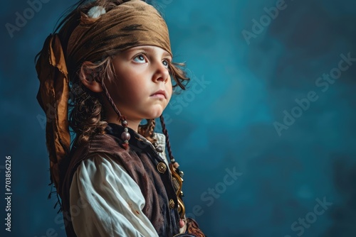 A young kid, masked as a pirate, celebrates Carnival against a blue background, offering a festive and playful scene with ample copy space
