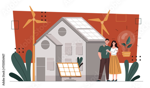 Family with green energy. Sustainable lifestyle and alternative enrgy sources. Man and woman near home with solar panel and wind mills. Cartoon flat vector illustration isolated on white background photo