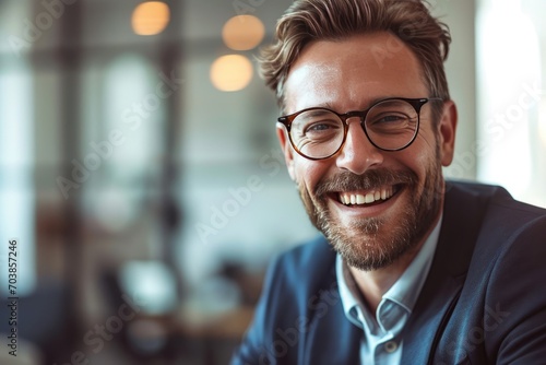 In the office, a happy, smiling businessman