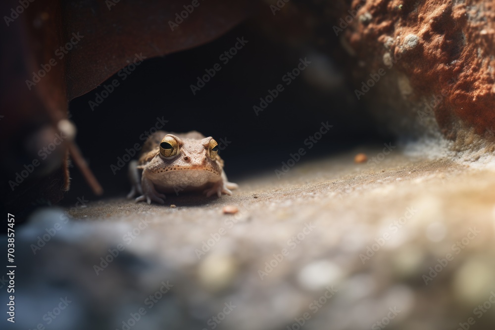 toad in the safety of a shadowed rock crevice