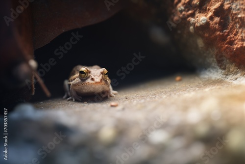 toad in the safety of a shadowed rock crevice