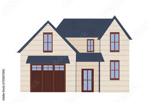 Urban house concept. Real estate and private property. City infrastructure and architecture. Exterior and facade. Poster or banner. Cartoon flat vector illustration isolated on white background © Rudzhan