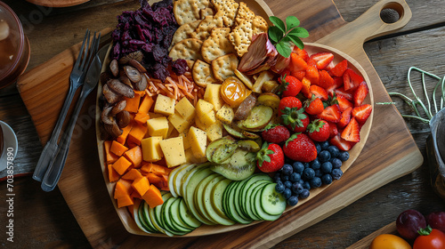 Fresh Gourmet Cheese and Fruit Platter on Wooden Table