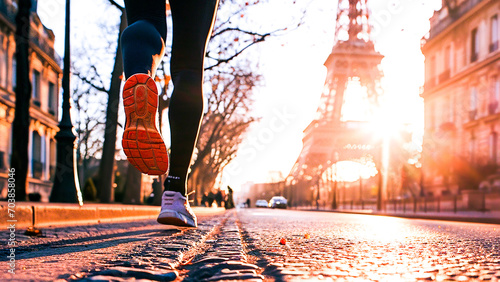 Athlete man running in his sneakers in the streets of Paris with Eiffel Tower in front of him. Male jogging in running shoes closeup. Outdoor recreational training and active lifestyle.
 photo