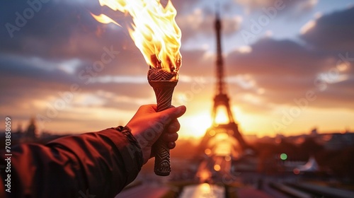 Summer 2024 Olympic Games in Paris, France with Eiffel Tower in the background and hand holding Olympic torch. Spectacular opening ceremony event © Liravega