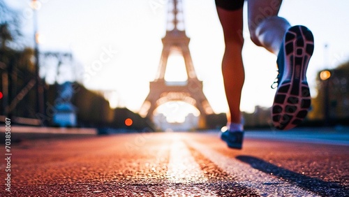 Athlete woman running in her sneakers in the streets of Paris with Eiffel Tower in front of her. Female jogging in running shoes closeup. Outdoor recreational training and active lifestyle.  © Liravega