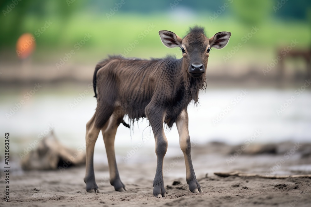 wildebeest calf isolated from herd in mid-river wildebeest calf isolated from herd in mid-river