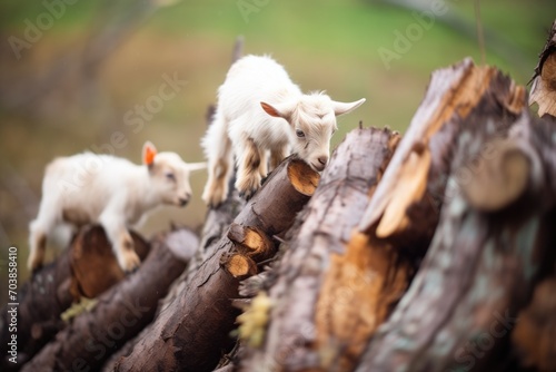 kid goats climbing on logs