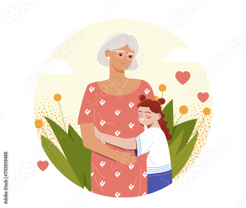 Hugs with grandma concept. Granddaughter with elderly woman. Senior with kid. Love and care, good relations between grandmother and child. Cartoon flat vector illustration isolated on white background