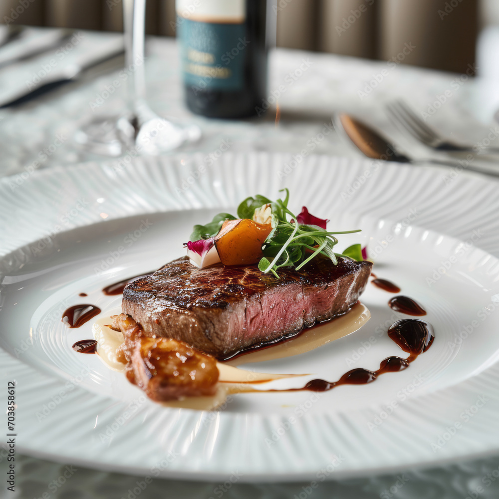The Wagyu steak is a luxurious treat, presented on a white plate with understated elegance The Wagyu steak is a luxurious treat, presented on a white plate with understated elegance