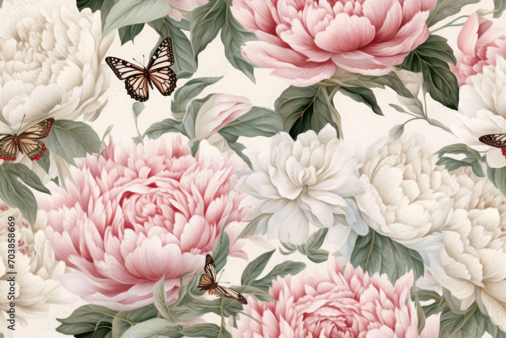 watercolor peony flowers with butterflies, delicate 3D patern
