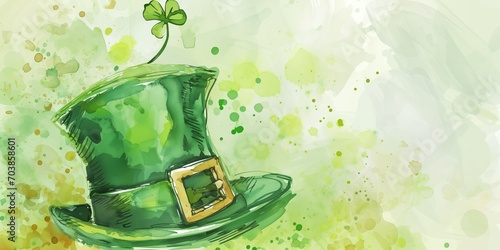 St Patrick's Day watercolor banner with green top hat with gold buckle on green background with splashes