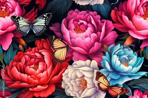 multi-colored peonies flowers with butterflies  3D texture