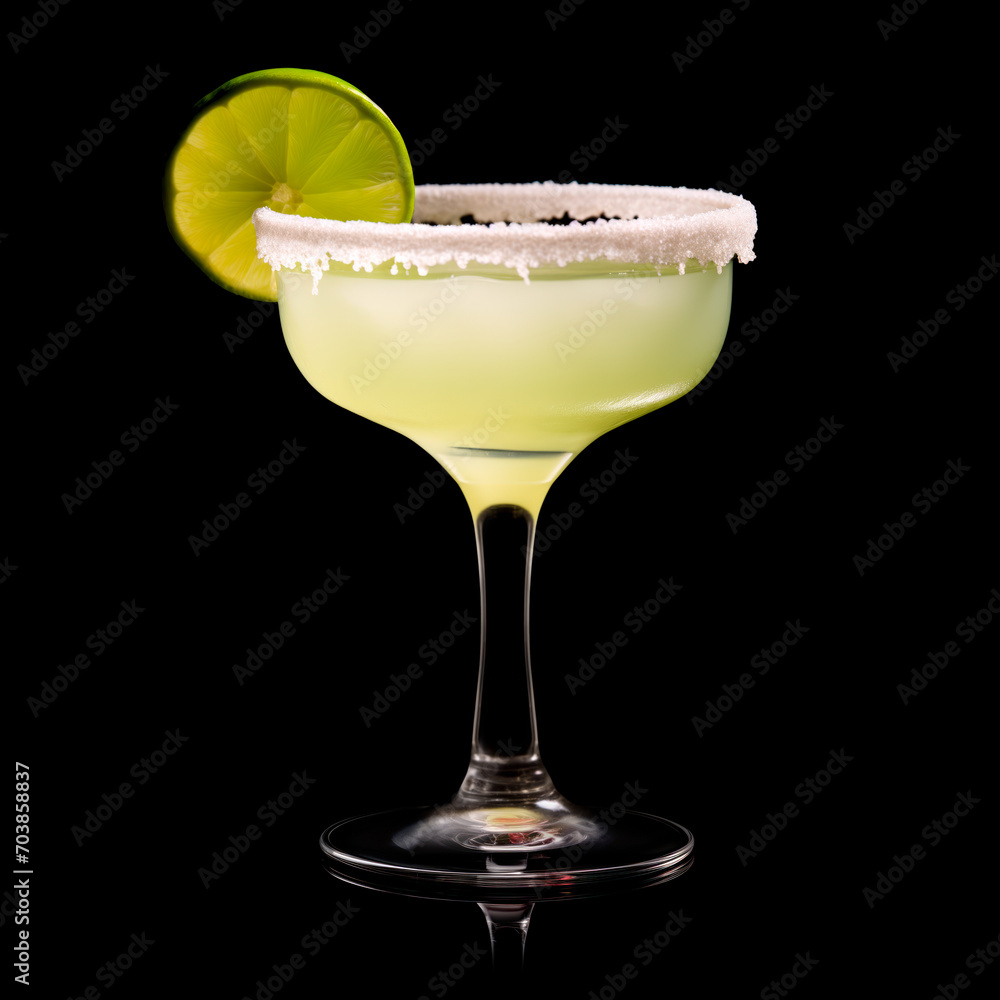 Margarita cocktail in salt-rimmed glass with lime isolated on black background Margarita cocktail in salt-rimmed glass with lime isolated on black background